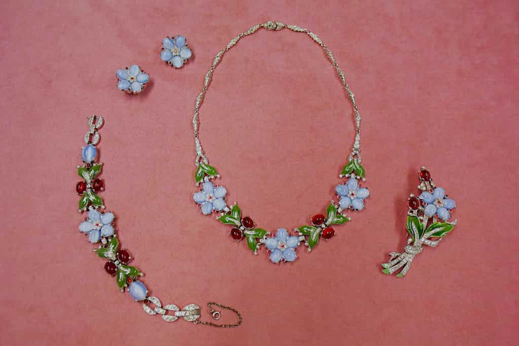 Vintage Trifari Enamel Floral Necklace & Brooch & Earrings